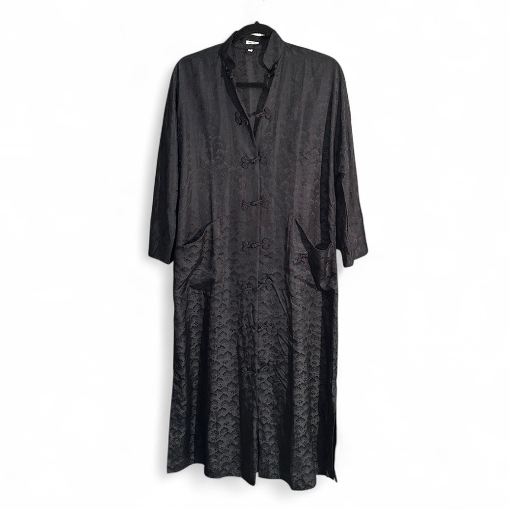 Vintage SILK Black Asian-Inspired Maxi Dress Coat Mandarin Collar Frog Button S